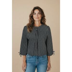 Talbots Petites Black White Check Bows Blouse Top Stretch Sweater 3/4 Sleeve LP